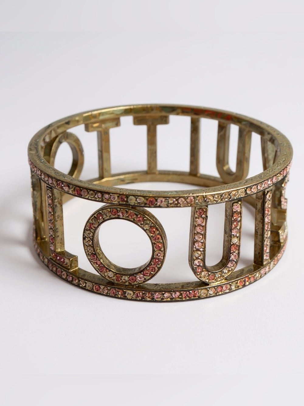 Louis Vuitton Gold-Tone Pink Crystal Logo Cutout Bangle Bracelet